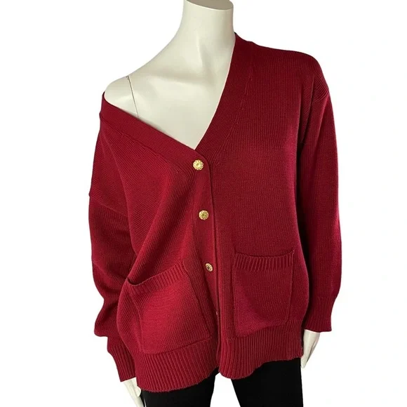 Vintage Oversized Slouchy Knit V Neck Cardigan Sweater Academia Burgandy Red - Picture 1 of 13